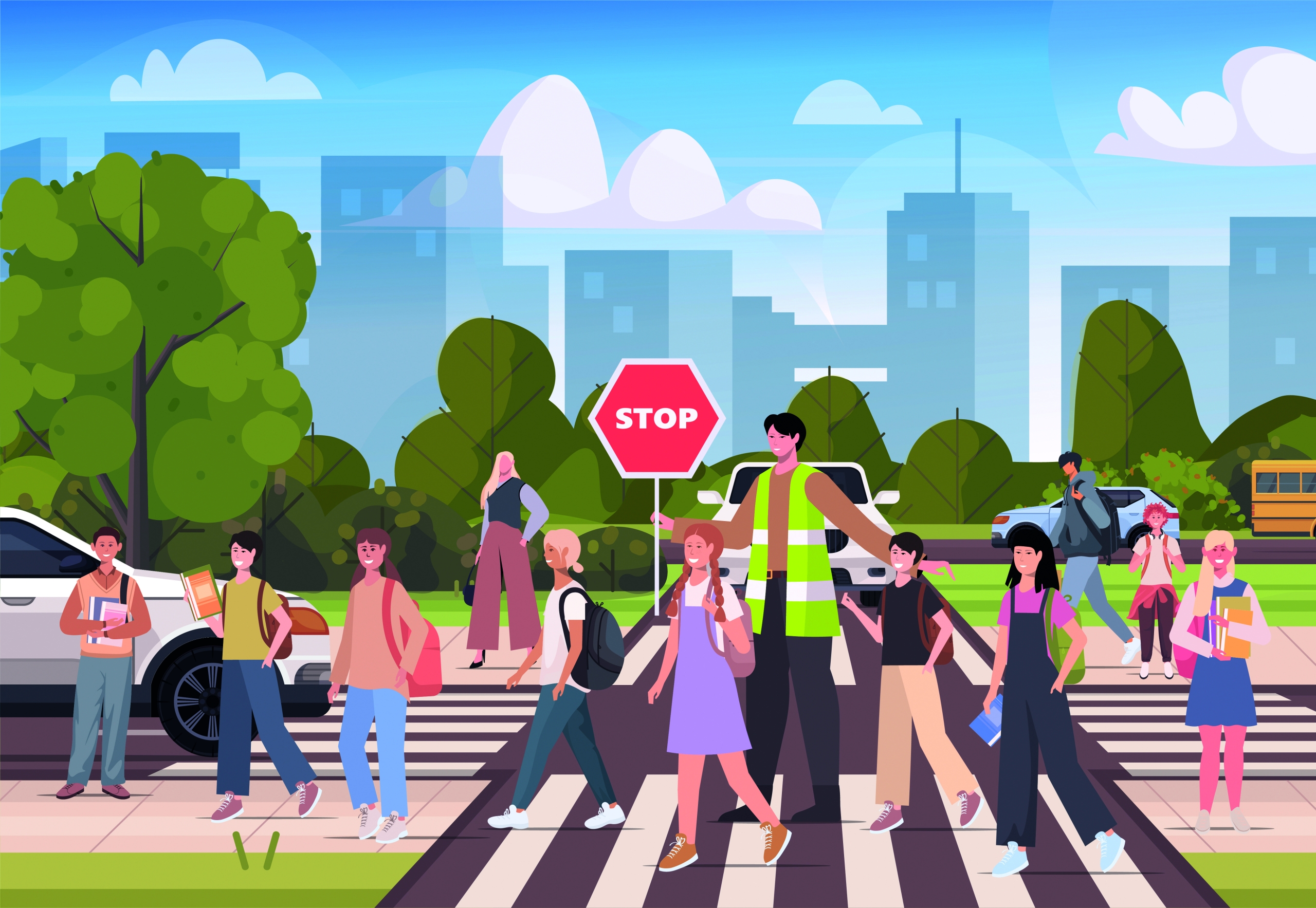 A man in a reflective vest holds a stop sign as a group of children crosses the road at a crosswalk.